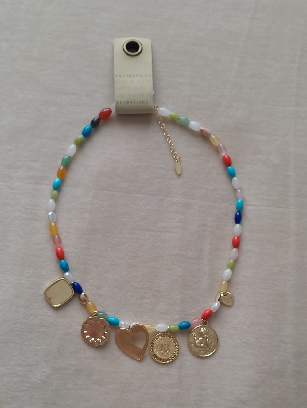 🆕️ Anthropologie Rainbow Beaded Necklace with Gold Charm Accents